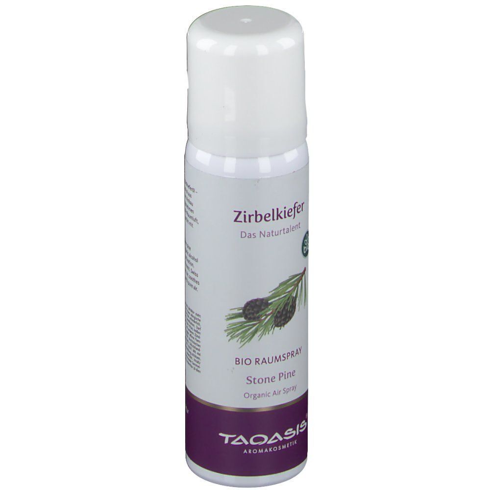 Weiße Sprühflasche mit lila Etikett, Zirbelkiefer BIO RAUMSPRAY, Stone Pine Organic Air Spray, TAOASIS.
