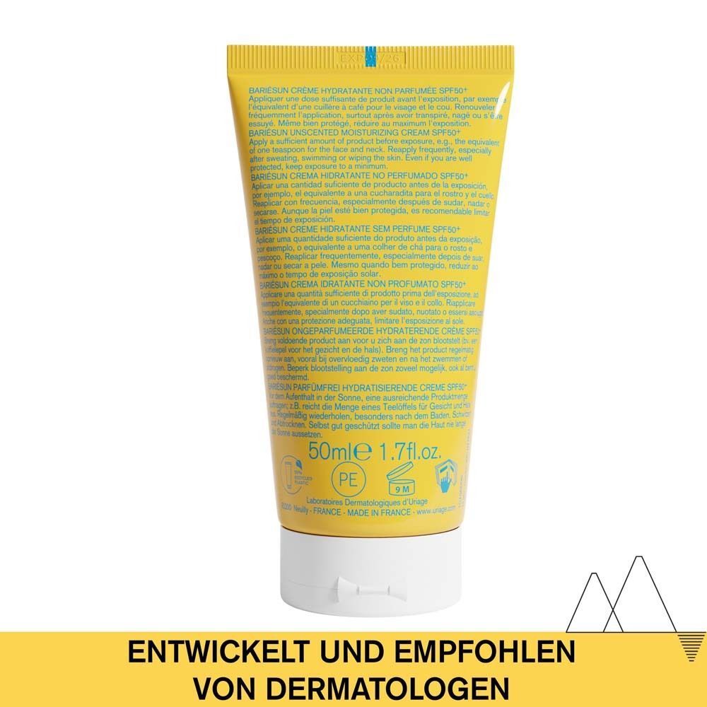 Rückseite einer gelben Tube URIAGE Bariesun Creme. Text in mehreren Sprachen. Aufschrift: 50ml, 1.7fl.oz. Entwickelt und empfohlen von Dermatologen.