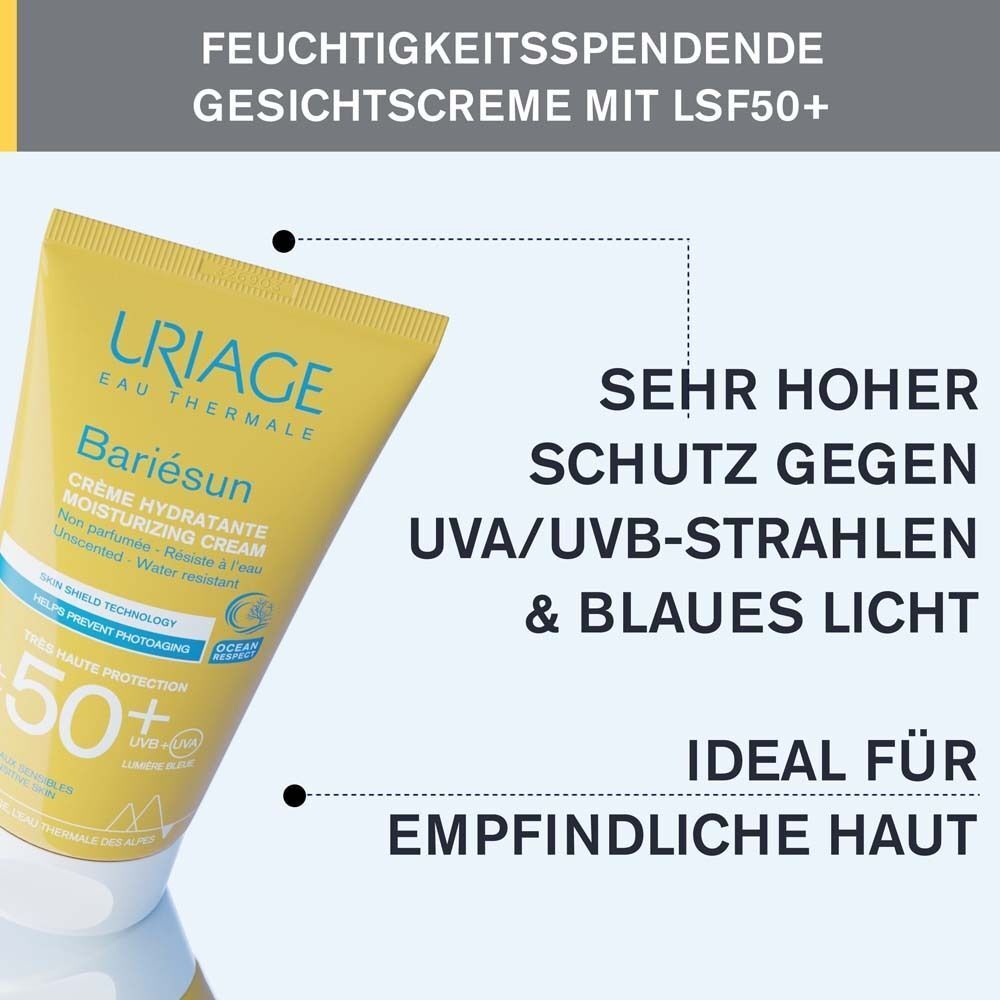Gelbe Tube URIAGE Bariesun Creme. Text: Feuchtigkeitsspendende Gesichtscreme mit LSF50+. Sehr hoher Schutz gegen UVA/UVB-Strahlen & blaues Licht. Ideal für empfindliche Haut.