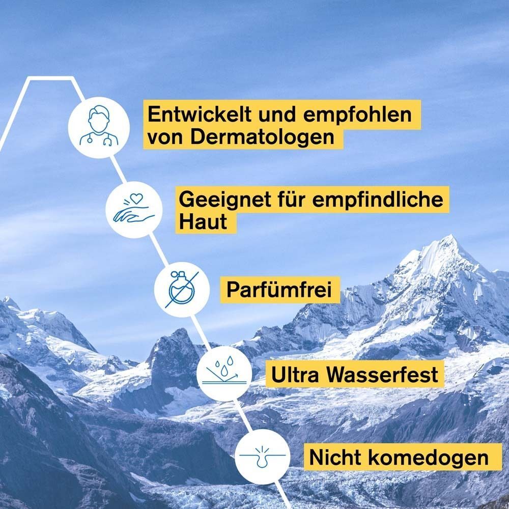Grafik mit Produktvorteilen. Text: Entwickelt und empfohlen von Dermatologen, geeignet für empfindliche Haut, parfümfrei, ultra wasserfest, nicht komedogen.