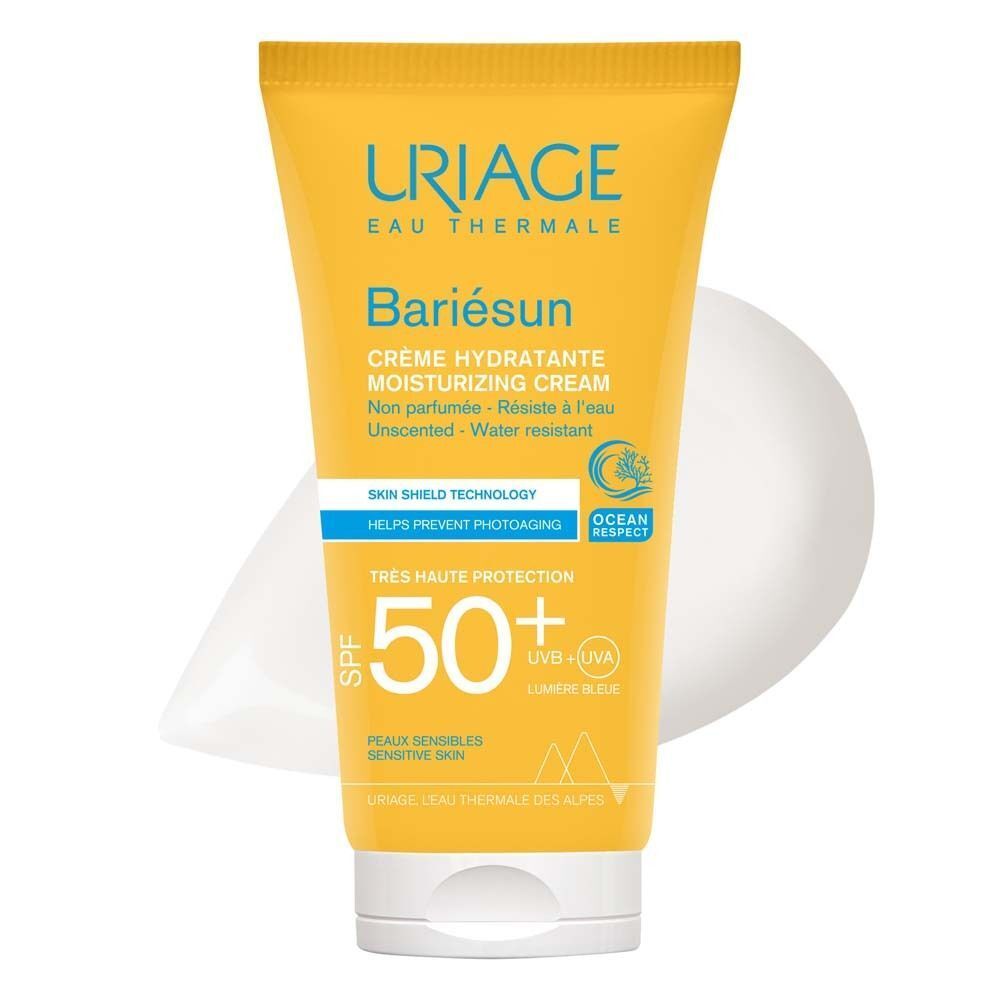 Gelbe Tube URIAGE Bariesun Creme. Aufschrift: SPF 50+, Creme hydratante, parfümfrei, 50ml. Weiße Creme-Spur.