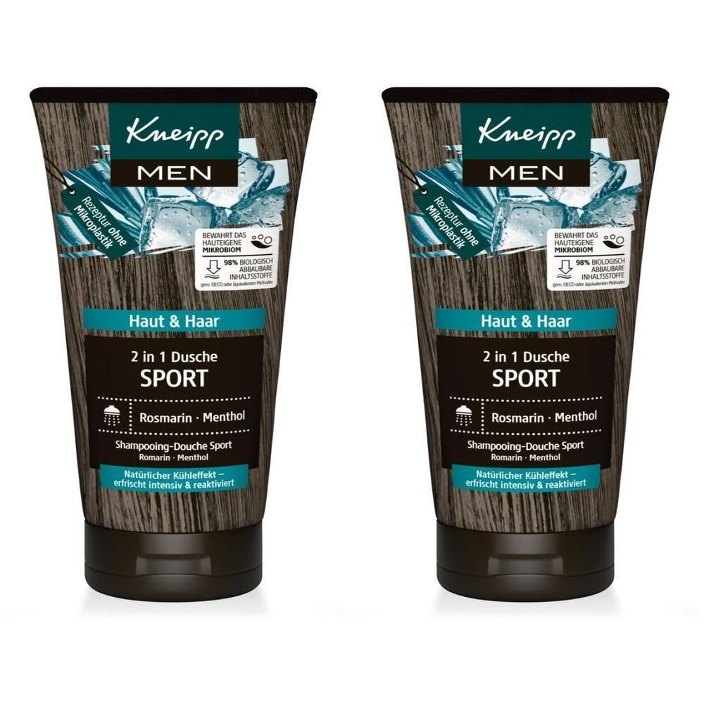 Zwei Tuben Kneipp MEN 2 in 1 Dusche SPORT. Schwarze Kappe, türkisfarbene und weiße Schrift. Holzoptik-Hintergrund.