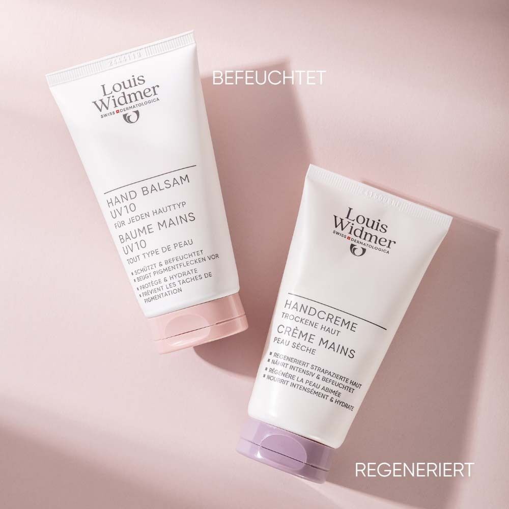 Zwei Tuben Handcreme und Handbalsam. Text: Louis Widmer, Handcreme, trockene Haut, Crème Mains, peau sèche. Handbalsam UV10.