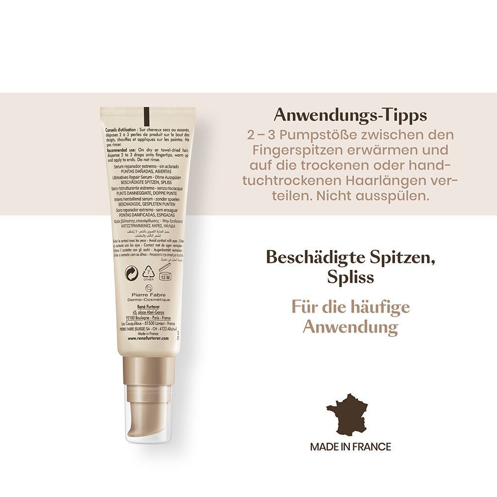 Rückseite der Serum-Tube mit Anwendungstipps. Beschädigte Spitzen, Spliss. Hergestellt in Frankreich.