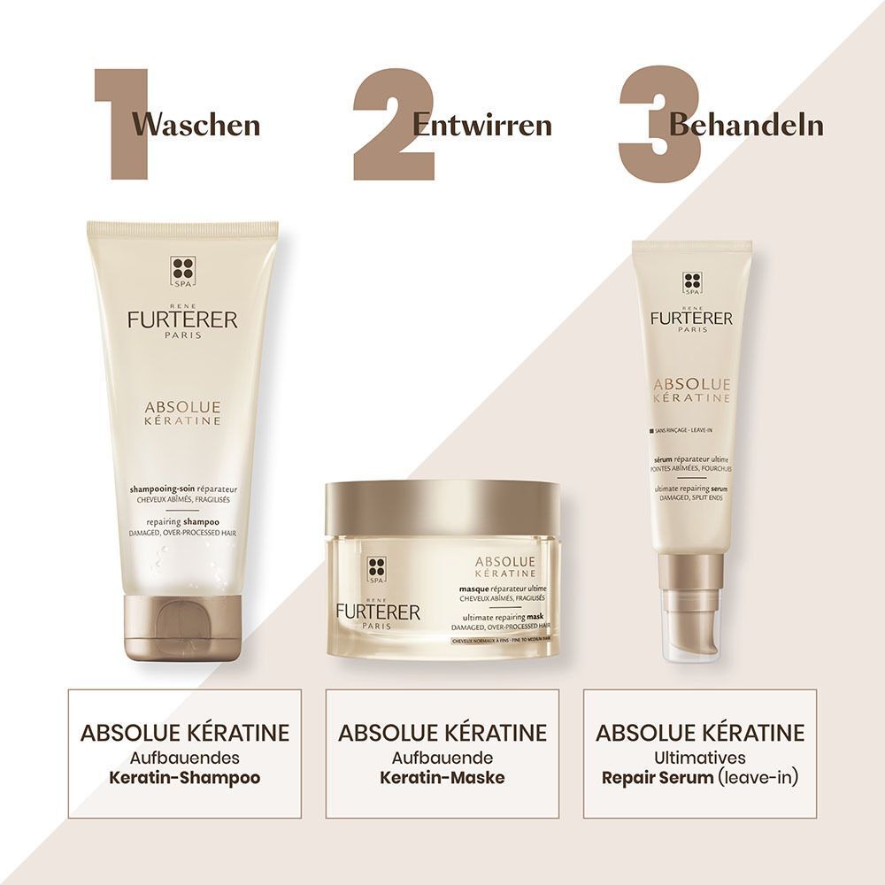 Drei Produkte von RENE FURTERER ABSOLUE KÉRATINE. Shampoo, Maske und Serum. Aufbauende Keratin-Pflege.
