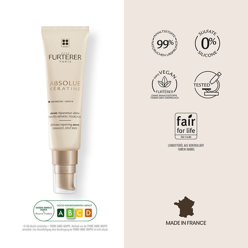 Serum-Tube mit Logos. 99% Inhaltsstoffe natürlichen Ursprungs, 0% Silikone, vegan, Fair for Life.