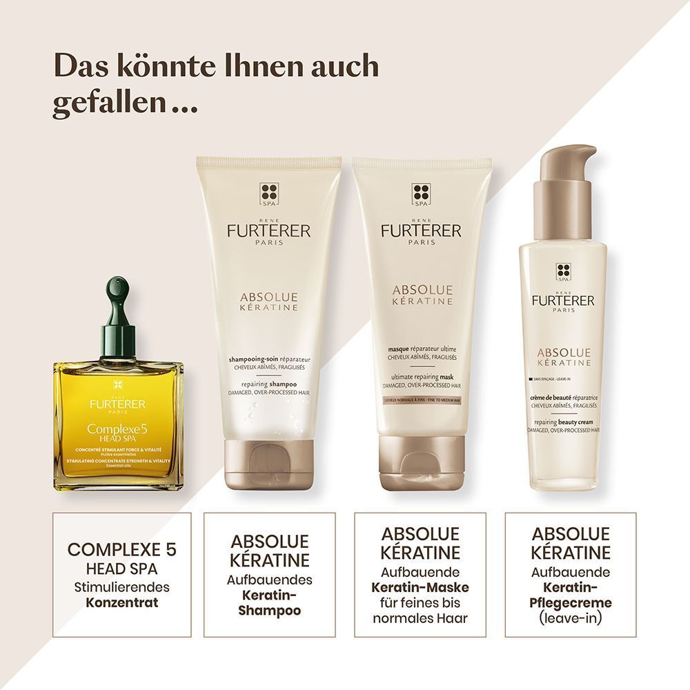 Vier Produkte von RENE FURTERER. Complex 5, Shampoo, Maske und Pflegecreme. Aufbauende Keratin-Pflege.
