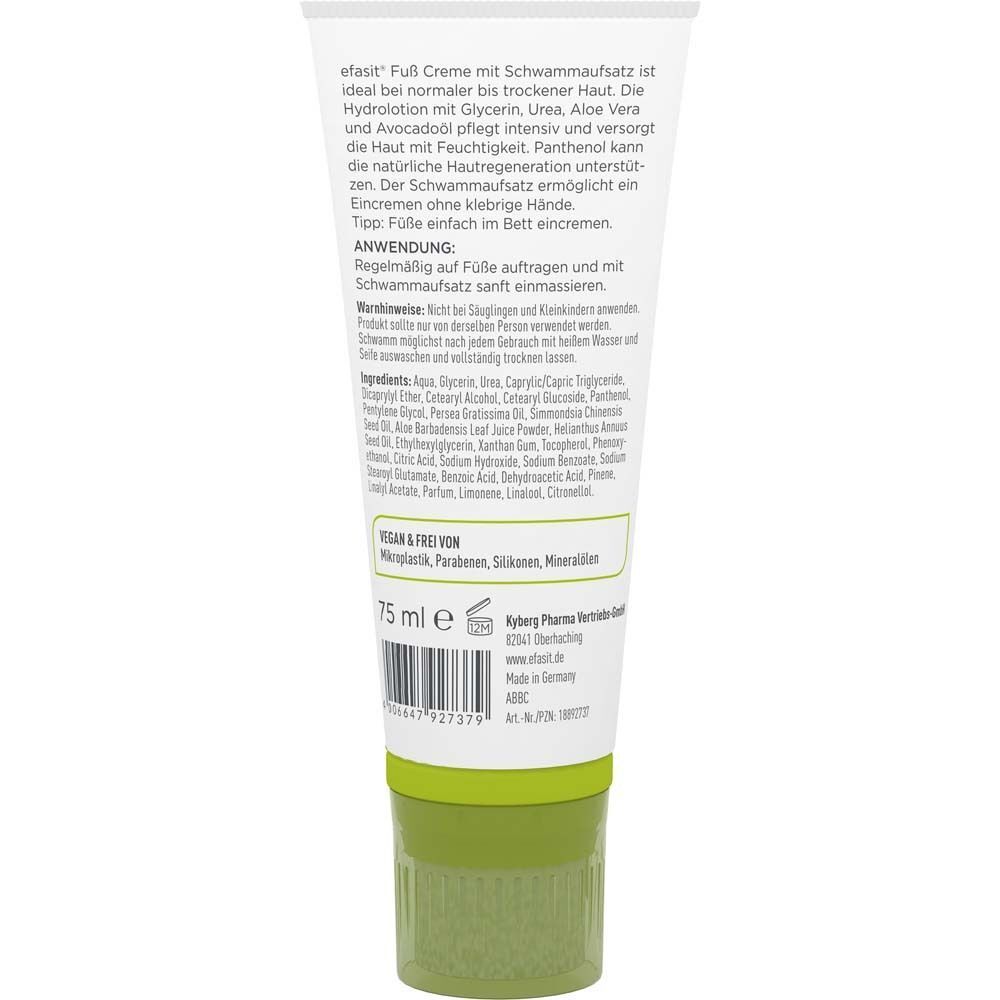 Rückseite einer Tube Fußcreme. Text in deutscher Sprache. Enthält Inhaltsstoffe und Anwendungshinweise. 75 ml.