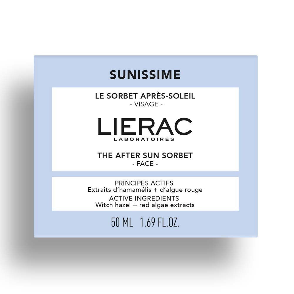 Verpackung LIERAC Sunissime. Hellblauer Karton mit Produktnamen und Inhaltsstoffen. Text in Französisch und Englisch.