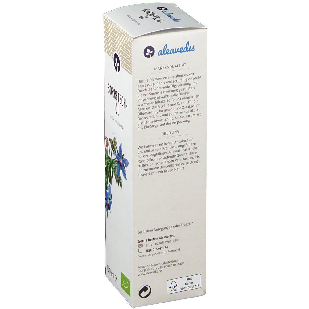 Verpackung von Borretsch-Öl. Aufschrift: aleavedis, Borretsch-Öl. Text über Markenqualität und Inhaltsstoffe. Bio-Siegel.