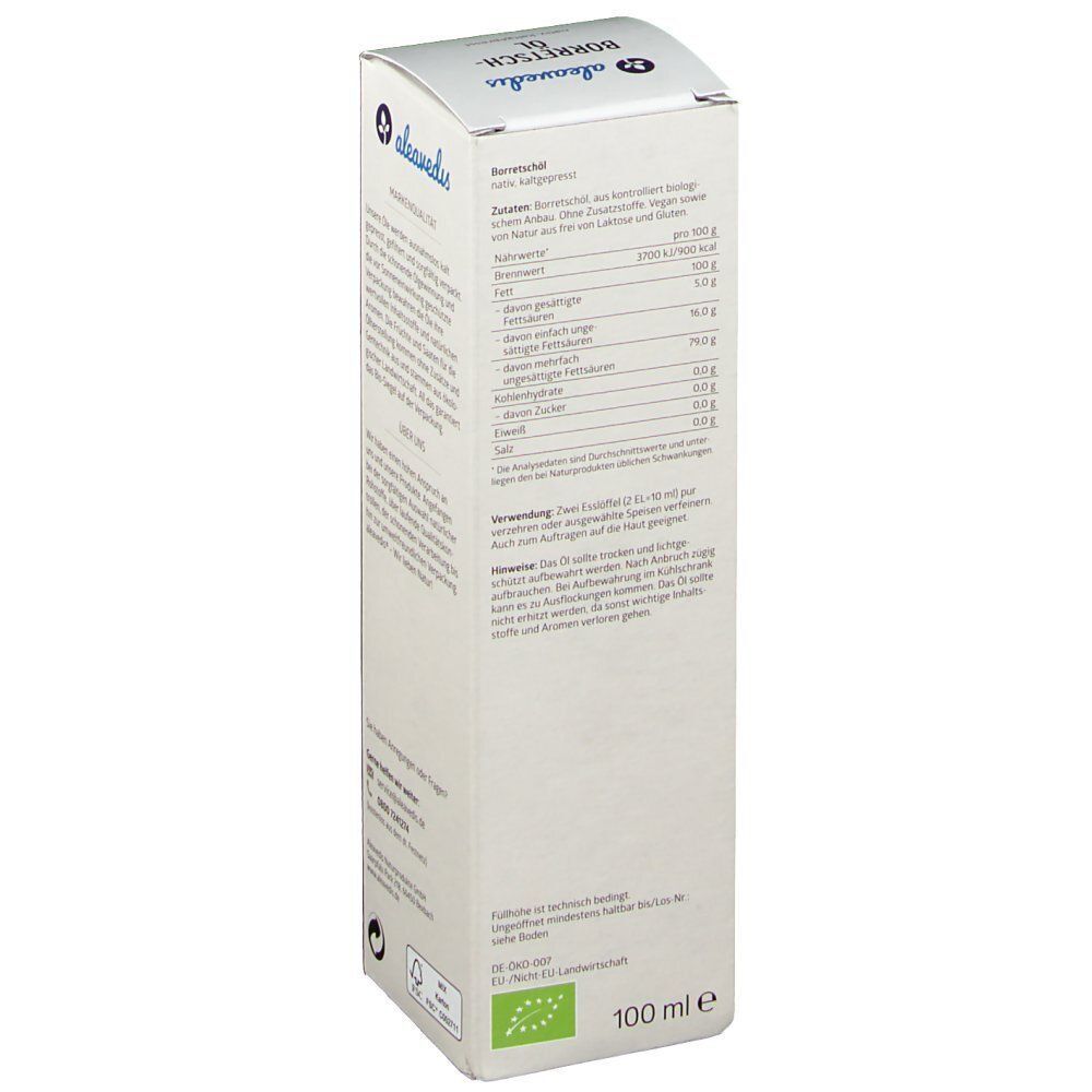 Rückseite der Verpackung von Borretsch-Öl. Aufschrift: aleavedis, Borretsch-Öl. Nährwerttabelle und Verwendungsangaben. 100 ml.