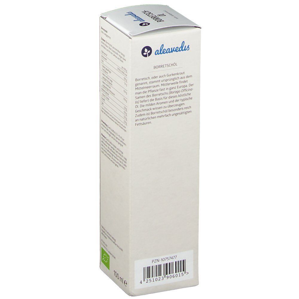Seite der Verpackung von Borretsch-Öl. Aufschrift: aleavedis, Borretsch-Öl. Text über Inhaltsstoffe und Anwendung. 100 ml.