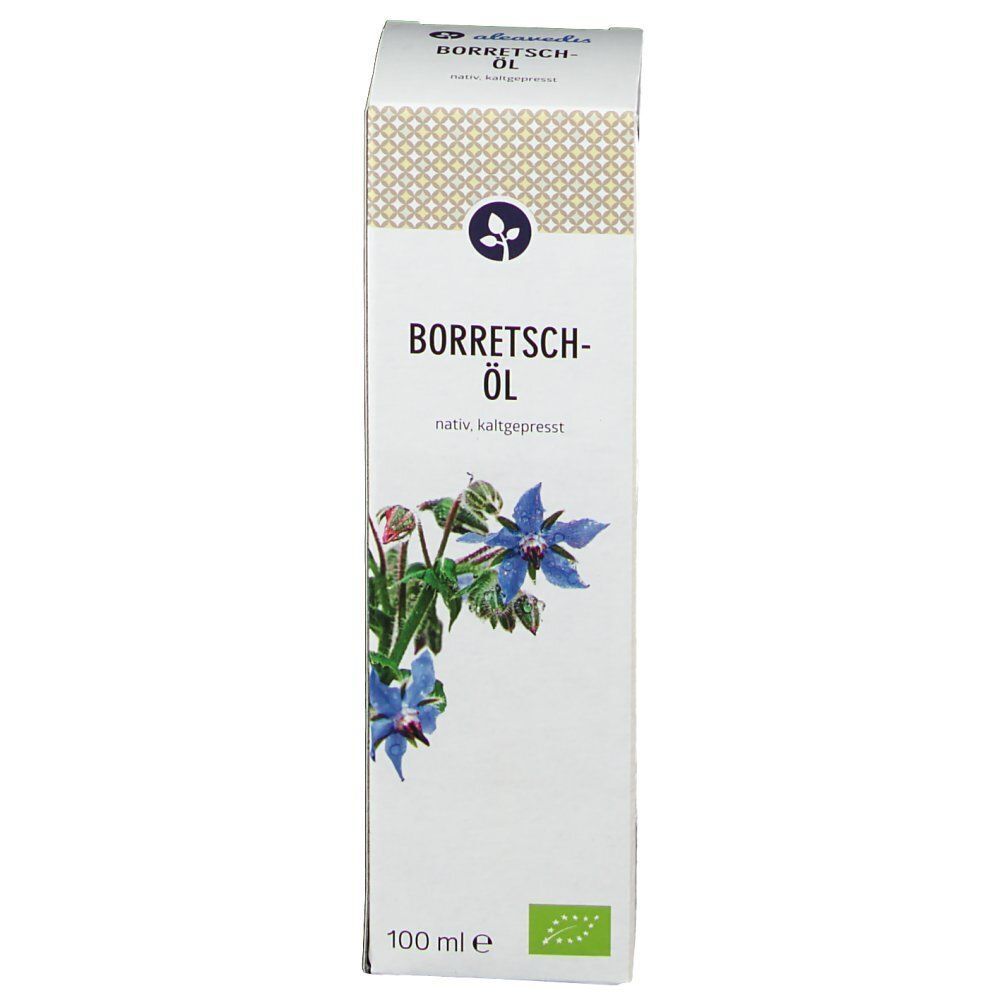 Verpackung von Borretsch-Öl. Aufschrift: aleavedis, Borretsch-Öl, nativ, kaltgepresst. 100 ml. Bio-Siegel. Abbildung der Pflanze.