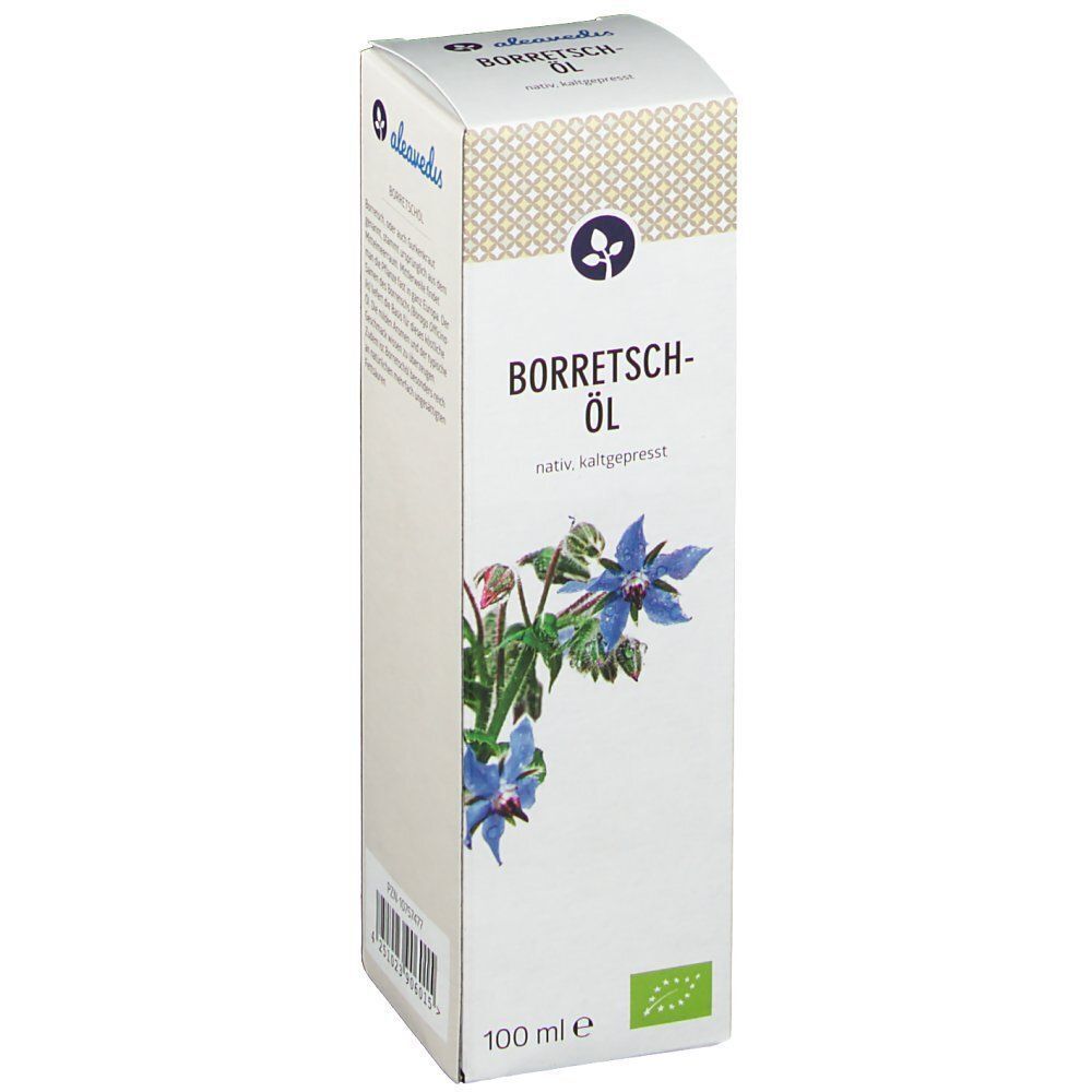 Verpackung von Borretsch-Öl. Aufschrift: aleavedis, Borretsch-Öl, nativ, kaltgepresst. 100 ml. Bio-Siegel. Schrägansicht.