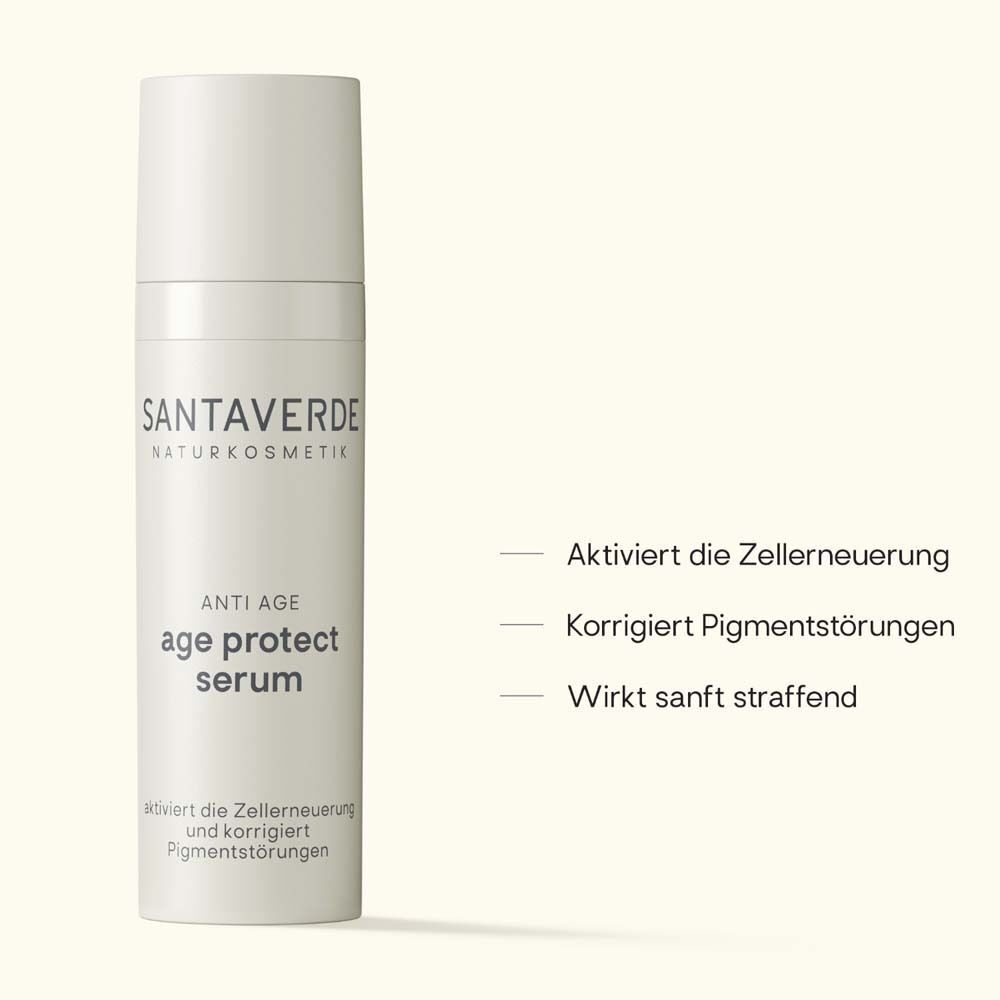 Weiße Flasche mit SANTAVERDE-Logo und "age protect serum". Text: Aktiviert die Zellerneuerung.