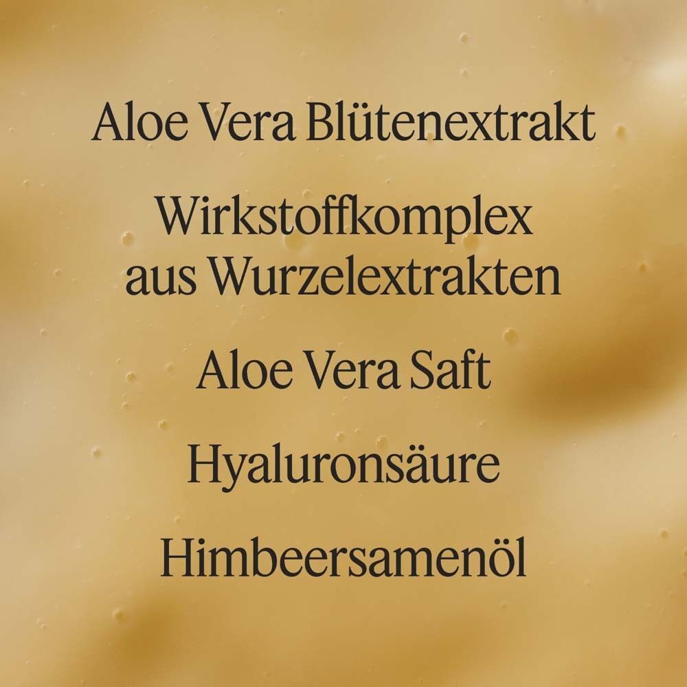 Text mit Inhaltsstoffen: Aloe Vera Blütenextrakt, Wirkstoffkomplex, Aloe Vera Saft, Hyaluronsäure, Himbeersamenöl.