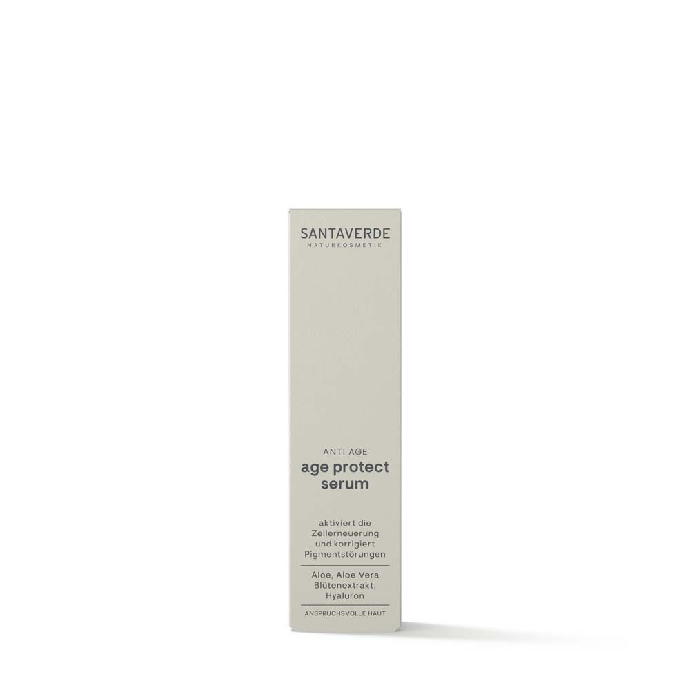 Verpackung mit SANTAVERDE-Logo und "age protect serum". Text: Für anspruchsvolle Haut.