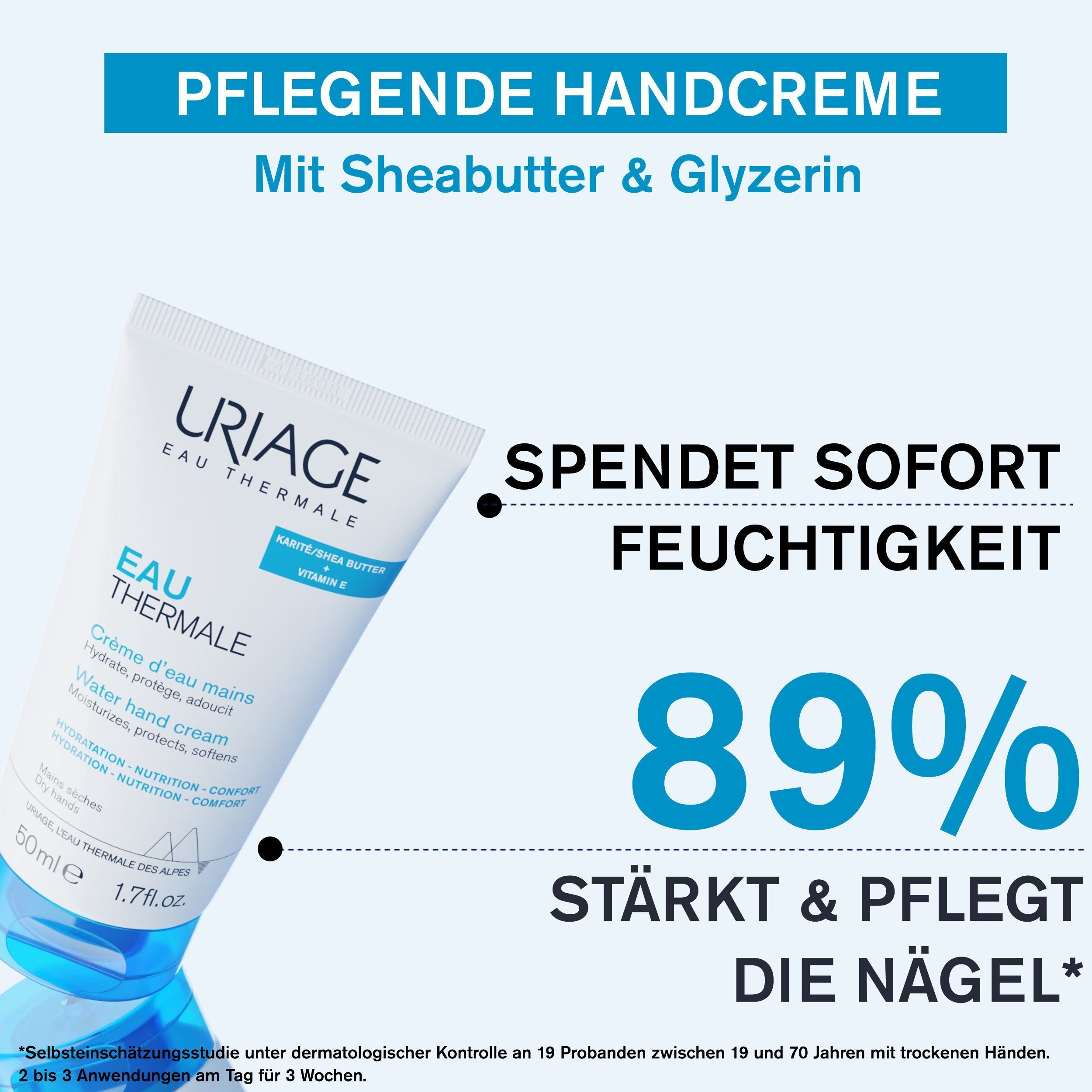 Handcreme-Tube mit Text. Text: Pflegende Handcreme mit Sheabutter & Glyzerin. Spendet sofort Feuchtigkeit. 89% stärkt & pflegt die Nägel.