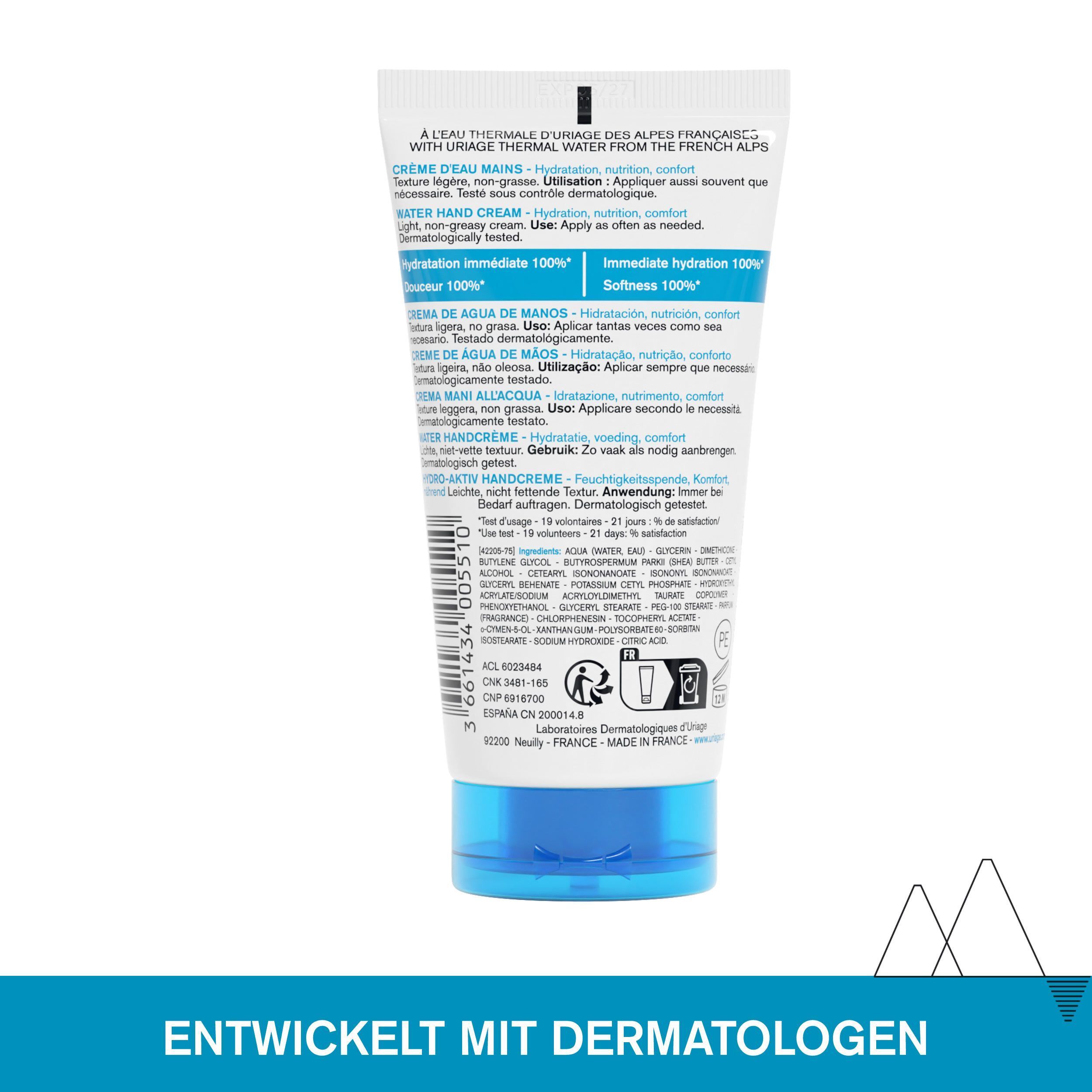 Rückseite der Handcreme-Tube. Text: Creme de mains, Water hand cream. Entwickelt mit Dermatologen. Inhaltsstoffe.