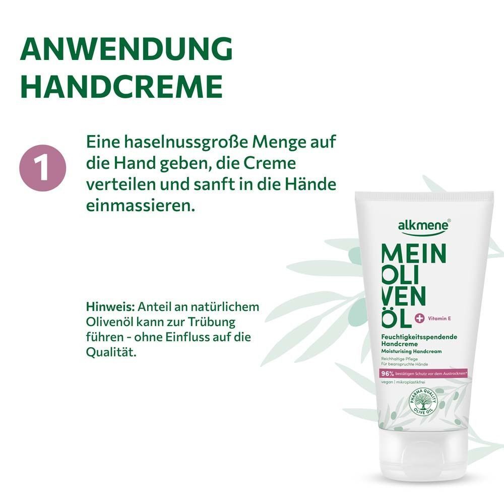 Anwendung Handcreme. Schritt 1: Haselnussgroße Menge auf die Hand geben. Handcreme-Tube mit Text: MEIN OLIVENÖL, Feuchtigkeitsspendende Handcreme.