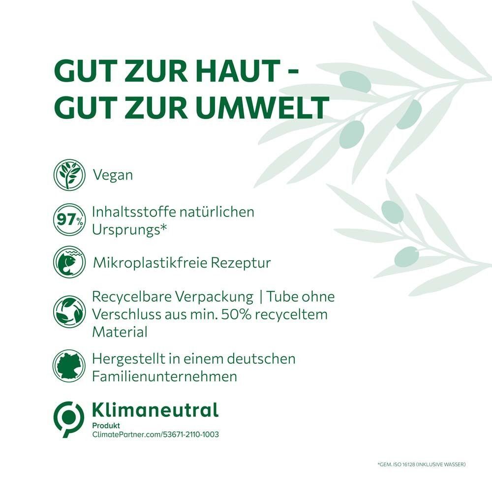 Text: Gut zur Haut - Gut zur Umwelt. Logos: Vegan, 97% Inhaltsstoffe natürlichen Ursprungs, Mikroplastikfreie Rezeptur, Recycelbare Verpackung, Klimaneutral.