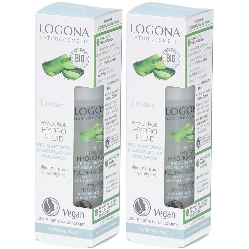 Zwei Packungen LOGONA Hyaluron Hydro Fluid. Weiße Kartons mit Produktabbildung und Text. Vegan-Siegel.