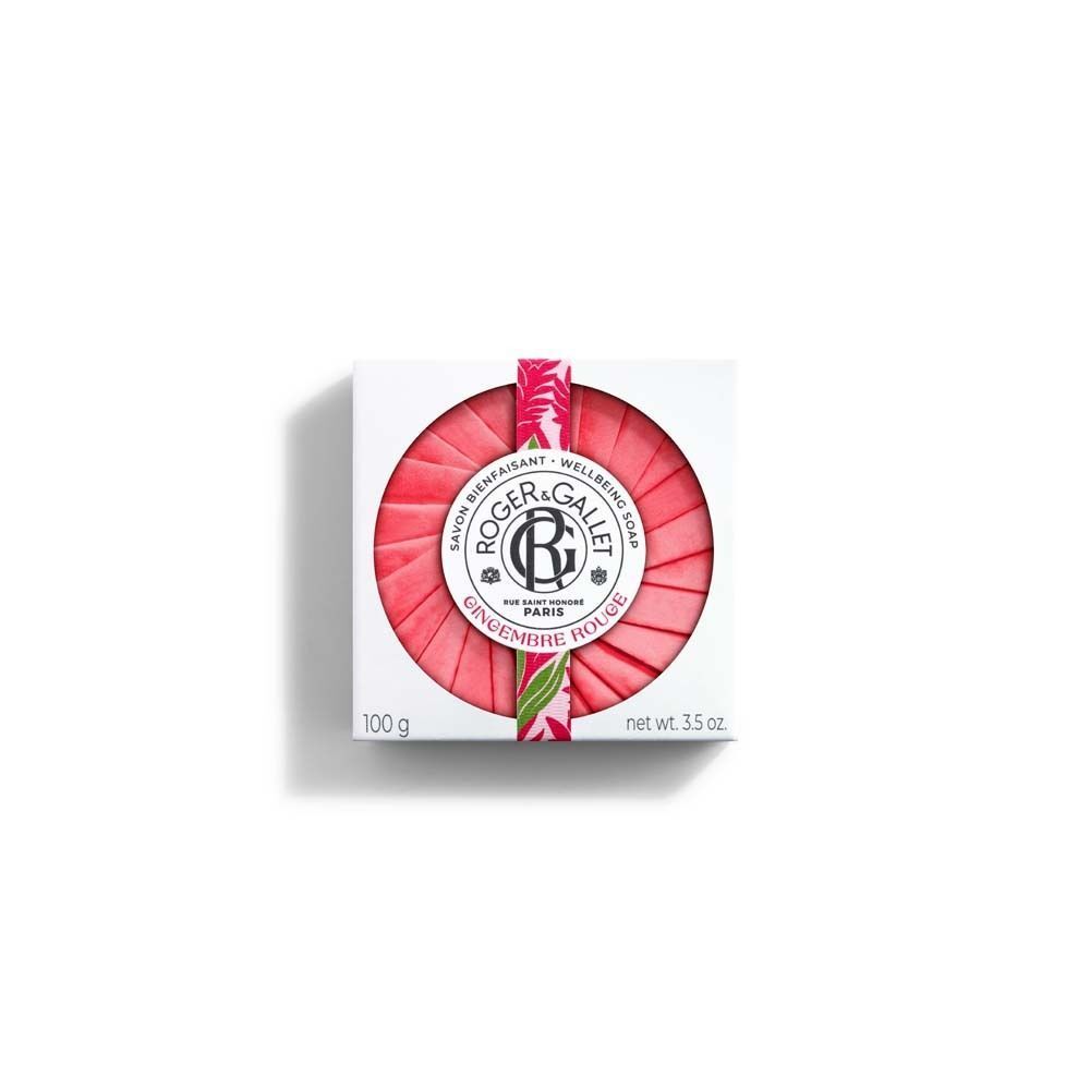 Eine quadratische Verpackung mit einer runden, roten Seife. Auf der Verpackung sind das Logo von Roger & Gallet und der Schriftzug "Gingembre Rouge" zu sehen.