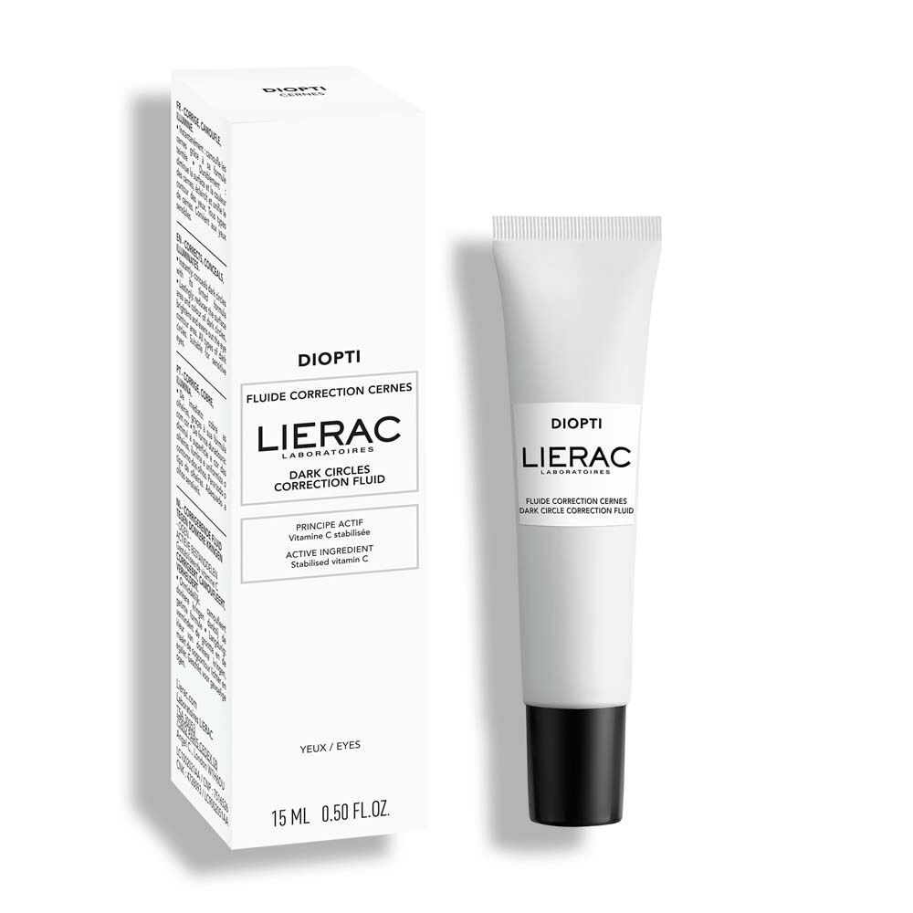 Weiße Schachtel und Tube Creme. Aufschrift: DIOPTI, LIERAC, Fluide Correction Cernes, Dark Circle Correction Fluid. 15 ml, 0.50 FL.OZ.
