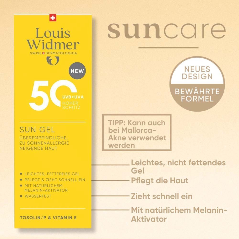 Gelbe Verpackung von SUN GEL 50 l.P. Text: Neues Design, bewährte Formel. Logo Louis Widmer.