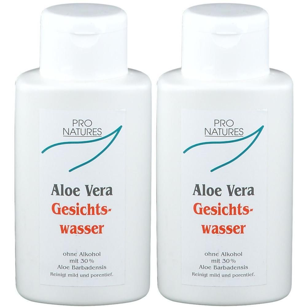 Zwei weiße Flaschen mit Klappdeckel. Aufkleber mit "PRO NATURES", "Aloe Vera Gesichts-wasser".