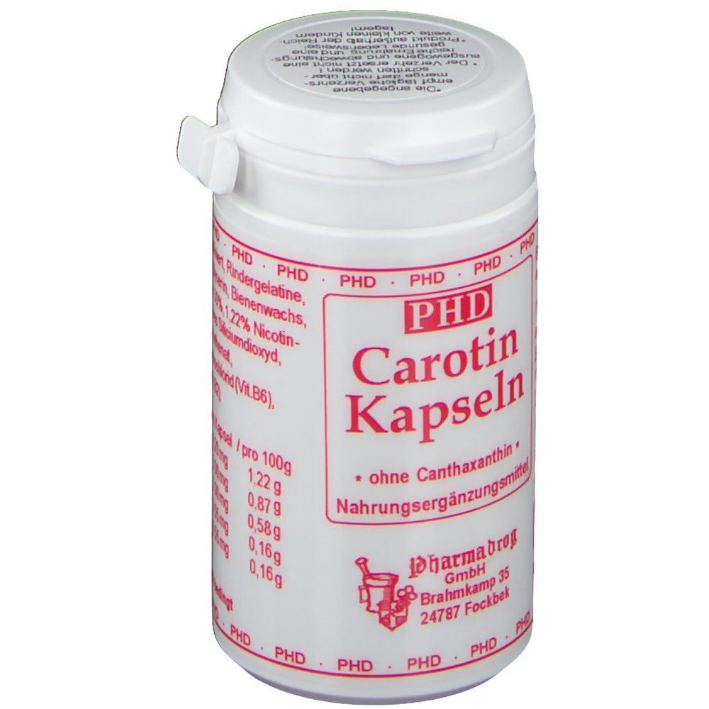 Weiße Pillendose mit roter Aufschrift: PHD Carotin Kapseln. Aufschrift: Nahrungsergänzungsmittel. Logo von Pharmadrog GmbH.