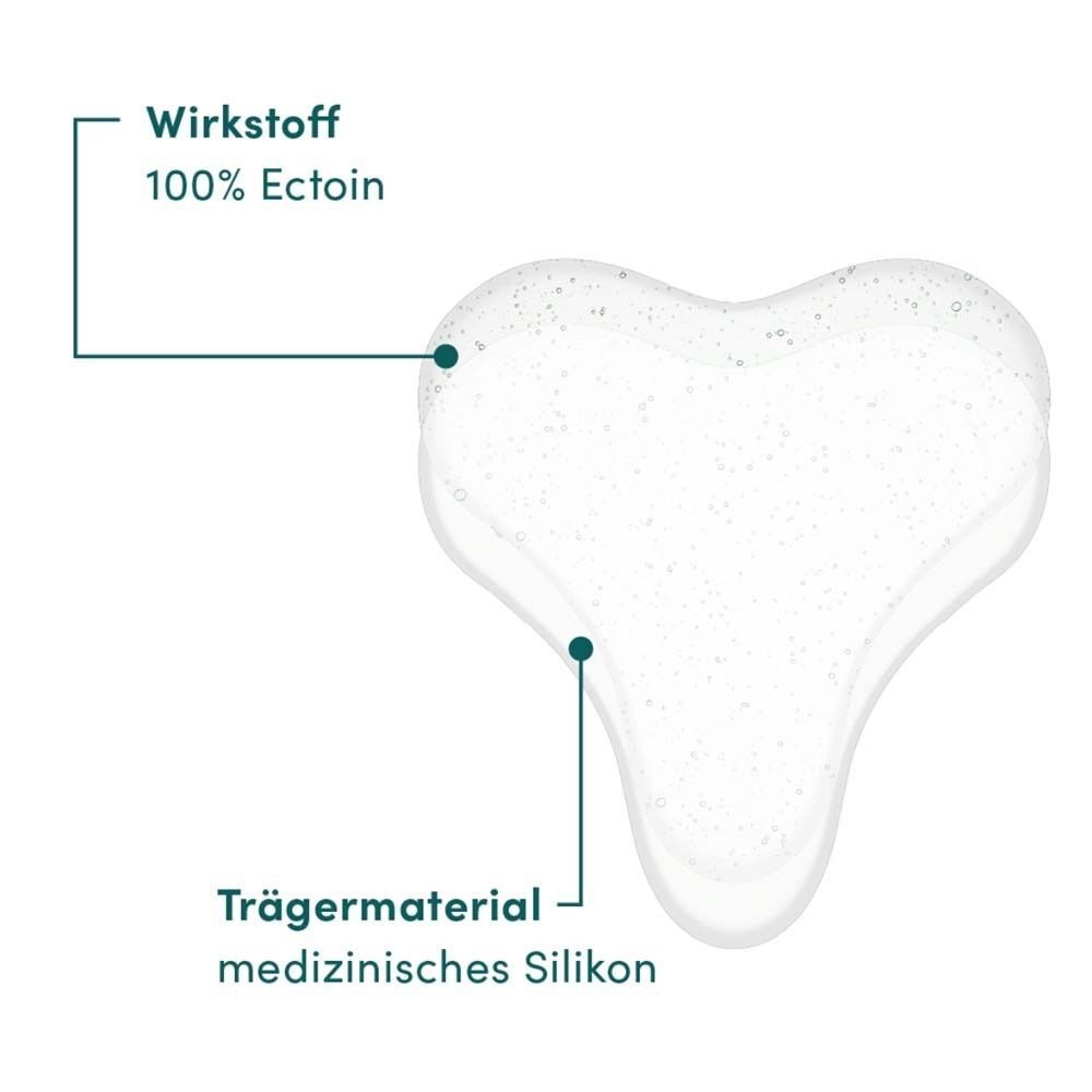 Herzförmiges Pad mit Beschriftung. Wirkstoff 100% Ectoin. Trägermaterial medizinisches Silikon.