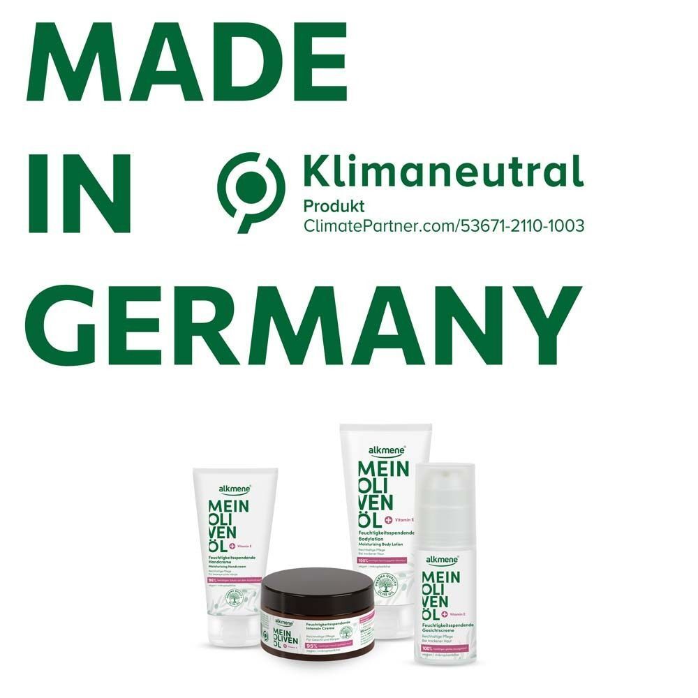 Text: Made in Germany. Produkte: MEIN OLIVENÖL Bodylotion, Creme, und Serum. Klimaneutral Produkt Logo.