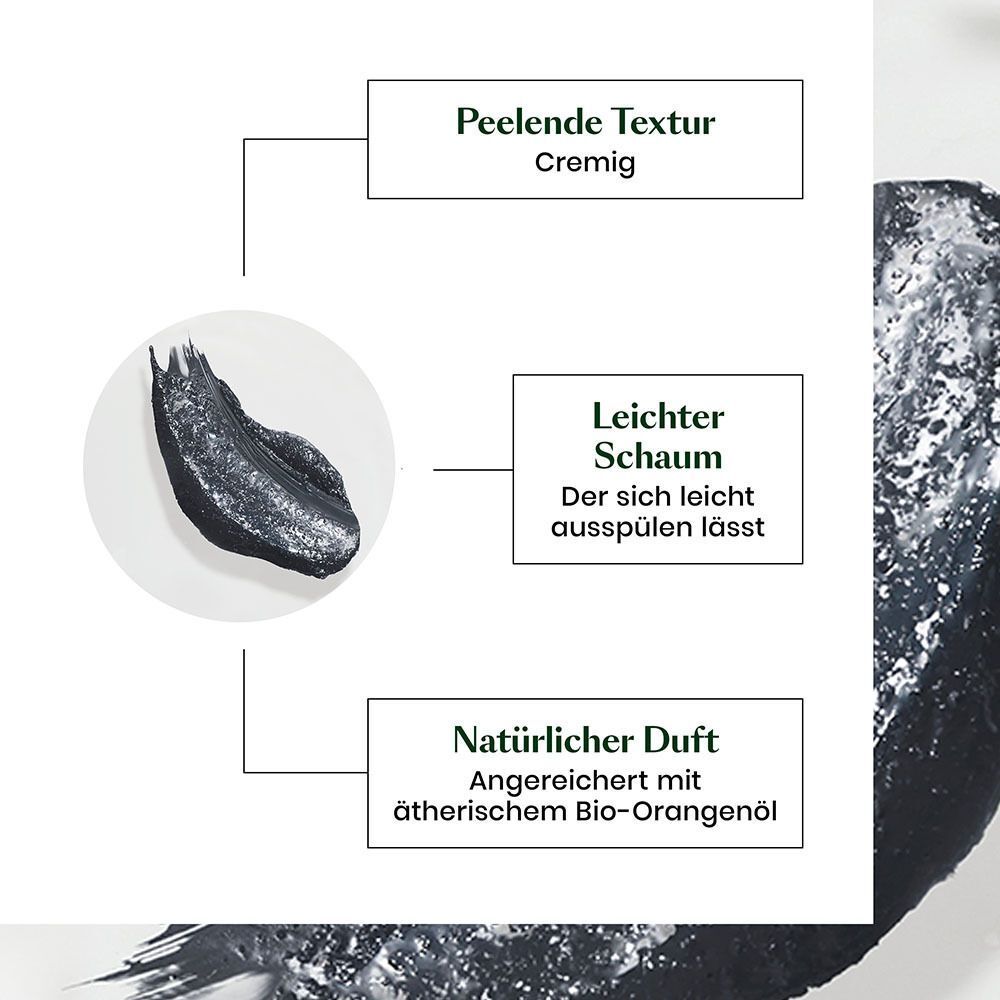 Text-Grafik: Peelende Textur, cremig. Leichter Schaum, der sich leicht ausspülen lässt. Natürlicher Duft, mit äth. Bio-Orangenöl.