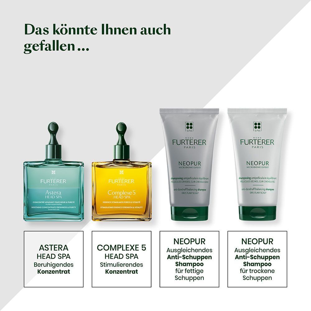 Vier Produkte: 2 Konzentrate, 2 Shampoos. FURTERER-Produkte. Text: ASTERA HEAD SPA, COMPLEXE 5, NEOPUR Anti-Schuppen Shampoo.