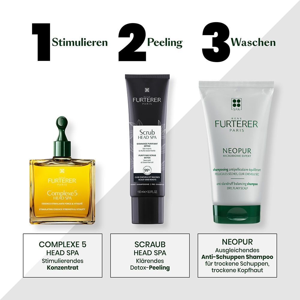 Drei Produkte: COMPLEXE 5, Scrub Head Spa, NEOPUR Shampoo. Text: Stimulieren, Peeling, Waschen. Klärendes Detox-Peeling.