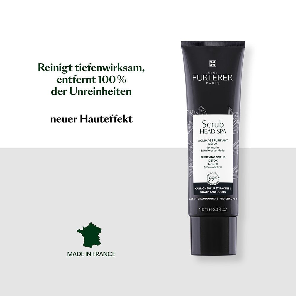 Schwarze Tube. Text: Reinigt tiefenwirksam, entfernt 100% der Unreinheiten. Scrub Head Spa, Gommage Purifiant Détox.
