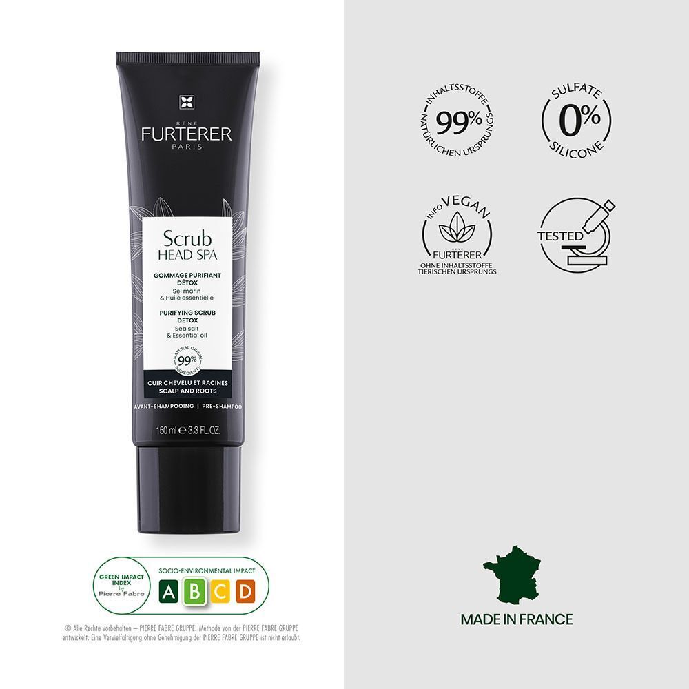 Schwarze Tube. Text: Scrub Head Spa, Gommage Purifiant Détox. 99% natürliche Inhaltsstoffe. Vegan, getestet. Made in France.