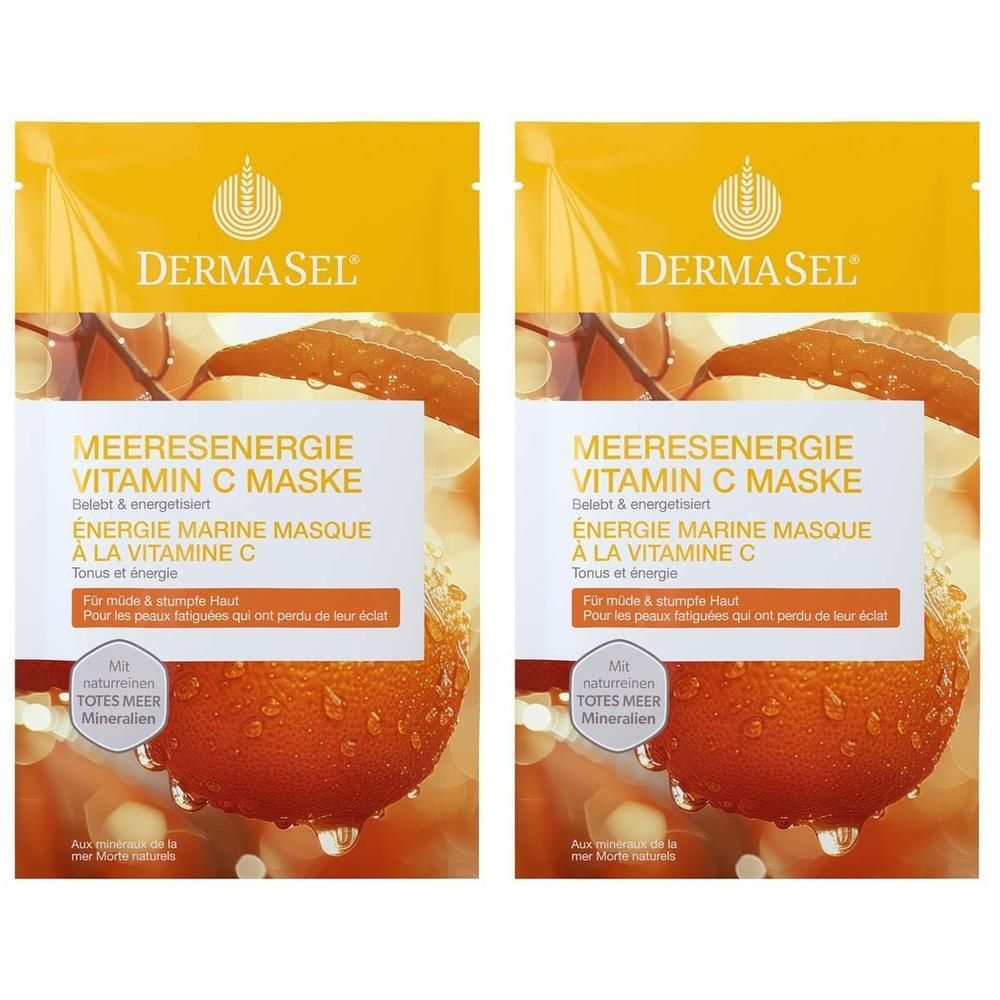 Zwei Packungen DERMASEL Maske Meeresenergie Vitamin C. Gelbe Verpackung mit Produktnamen und Abbildung einer Orange.