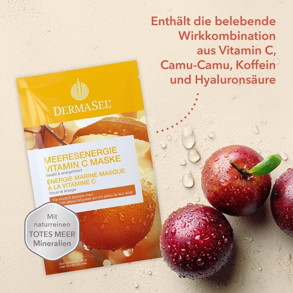 DERMASEL Maske Meeresenergie Vitamin C Packung. Text: Vitamin C, Camu-Camu, Koffein und Hyaluronsäure. Drei rote Früchte.