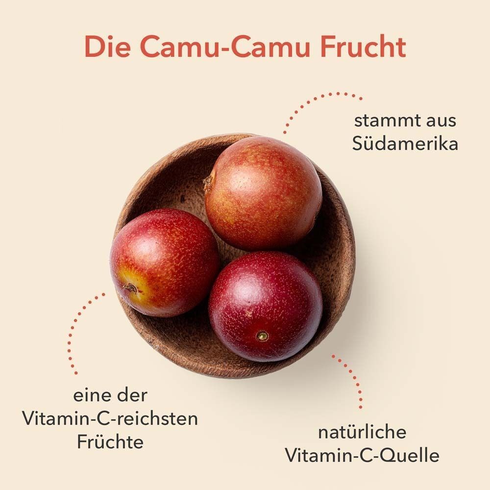 Drei Camu-Camu-Früchte in einer Holzschale. Text: Die Camu-Camu Frucht, Vitamin-C-Quelle aus Südamerika.