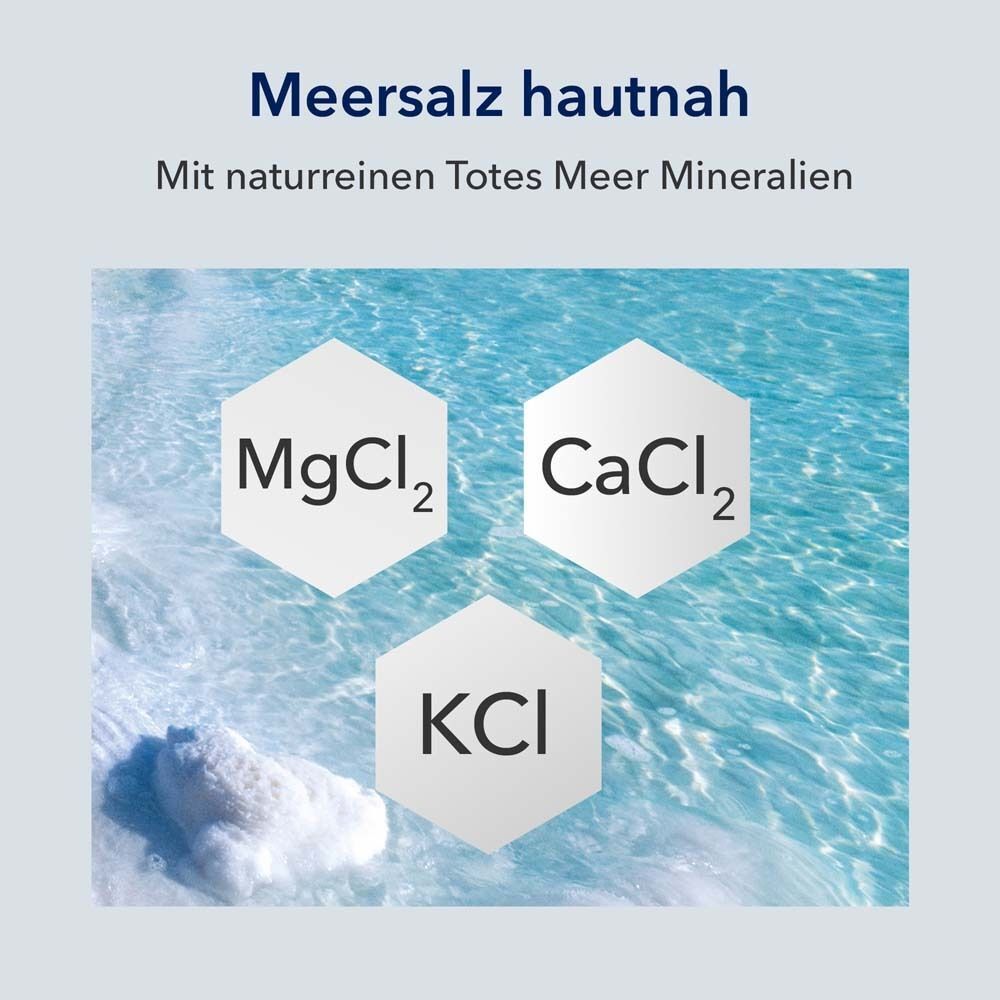 Drei sechseckige Formen mit Text: MgCl2, CaCl2, KCl. Text: Meersalz hautnah, mit naturreinen Totes Meer Mineralien.