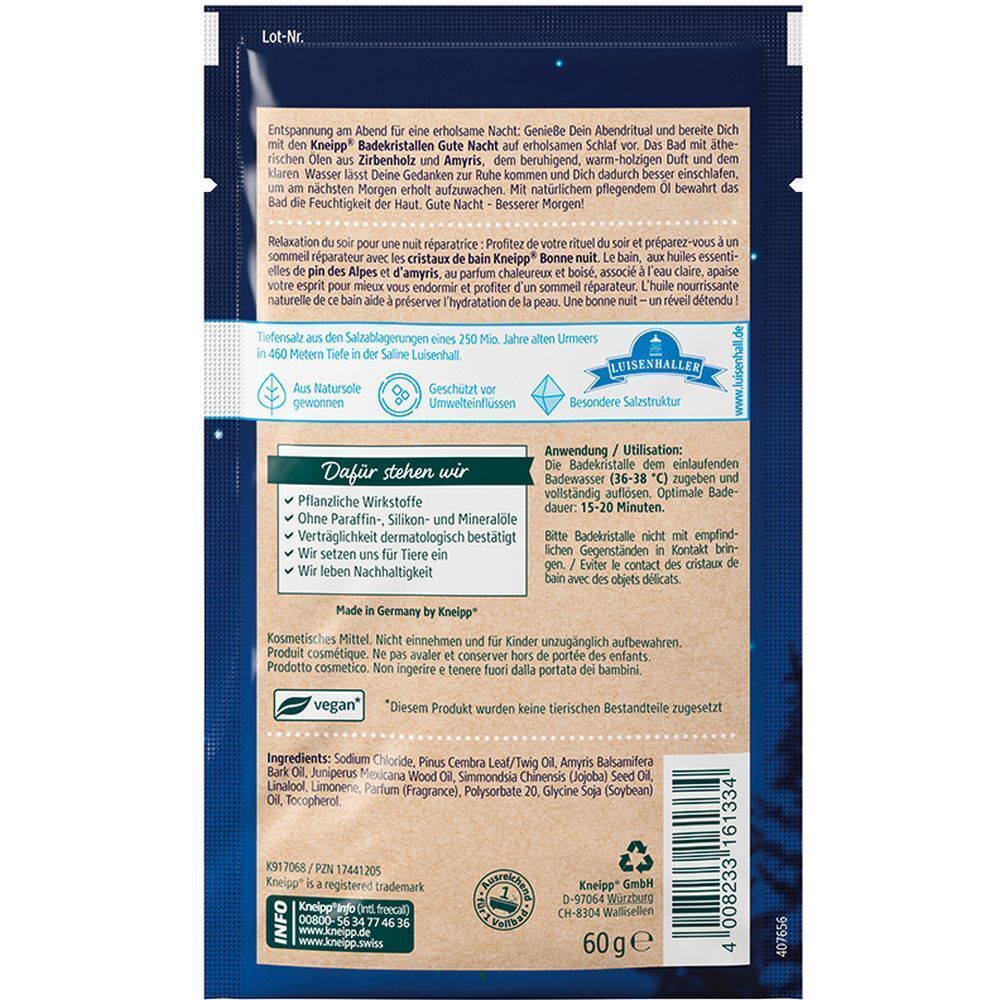 Rückseite der KNEIPP Badekristalle Gute Nacht Verpackung. Text in Deutsch und Französisch. Enthält Informationen und Inhaltsstoffe.