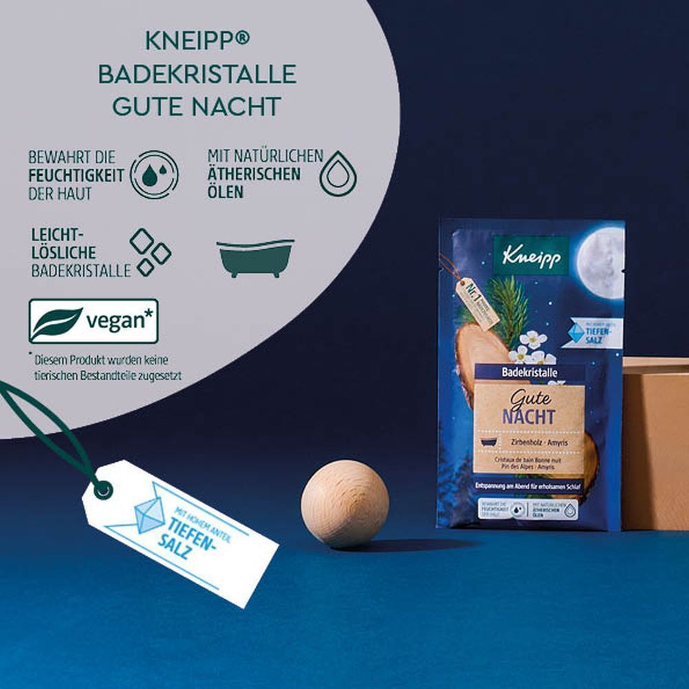 KNEIPP Badekristalle Gute Nacht mit Zubehör. Beutel, Holzstück, Anhänger und Kugel. Vegan-Siegel.