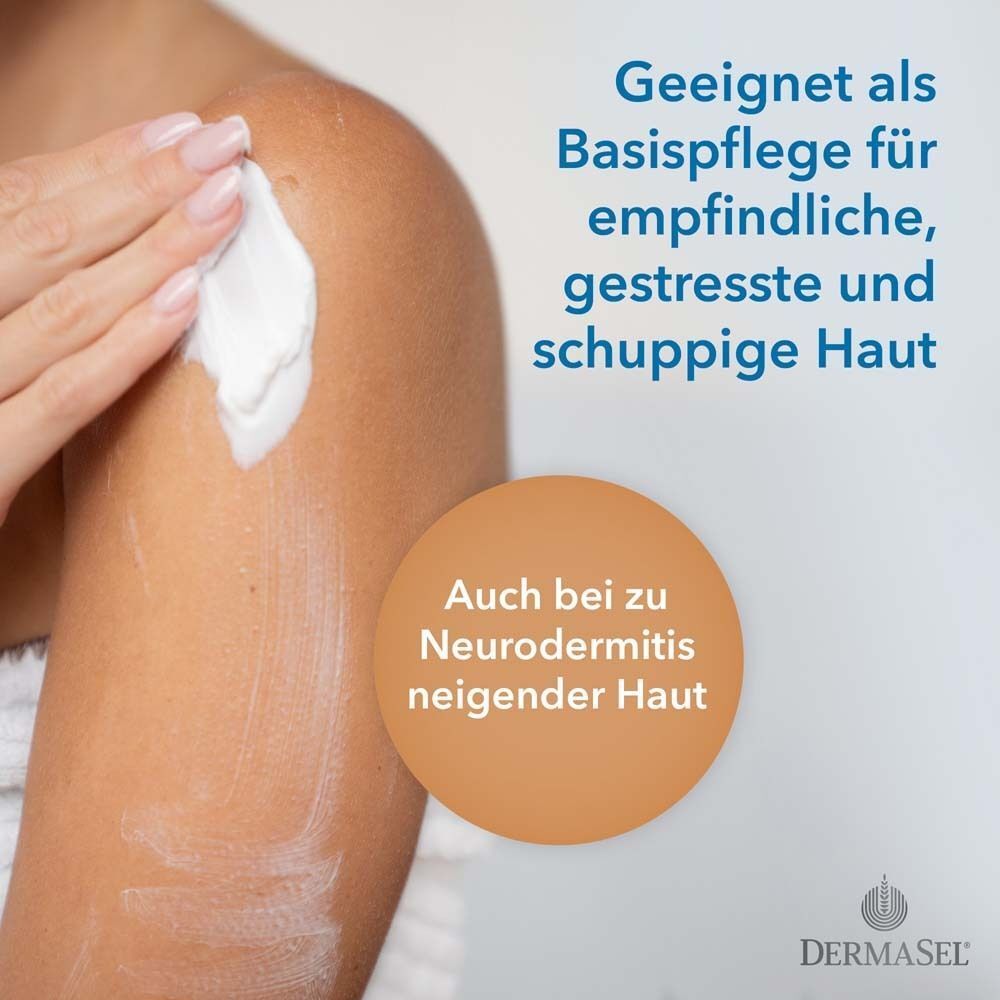 Nahaufnahme einer Hand, die Lotion auf Arm aufträgt. Text: Geeignet für empfindliche, gestresste Haut.
