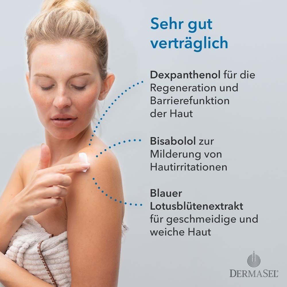 Frau trägt Lotion auf Arm auf. Text: Dexpanthenol, Bisabolol, Lotusblütenextrakt. Sehr gut verträglich.
