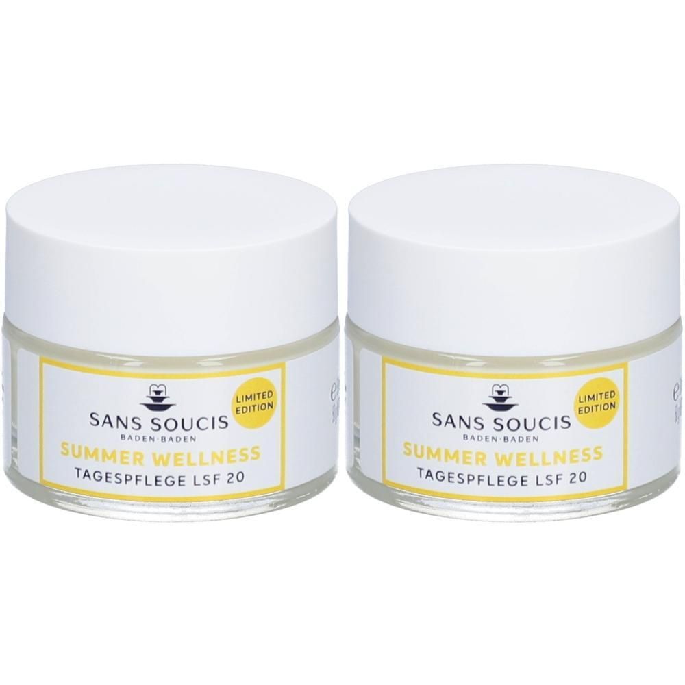 Zwei Cremetiegel mit weißem Deckel. Auf den Etiketten steht: SANS SOUCIS, SUMMER WELLNESS, Tagespflege LSF 20. Limited Edition.