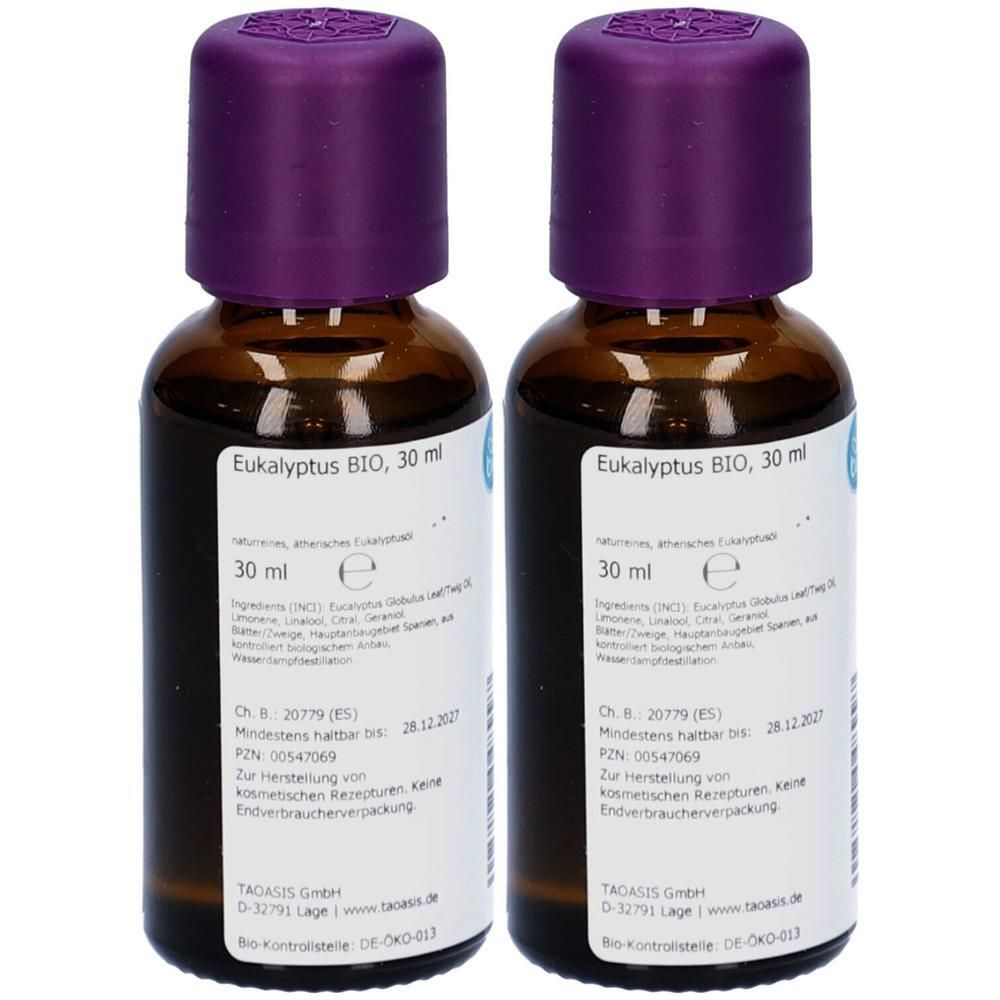 Zwei braune Glasflaschen mit lila Deckel. Aufkleber mit Text: Eukalyptus BIO, 30 ml. Etikett mit Inhaltsstoffen und Chargennummer.