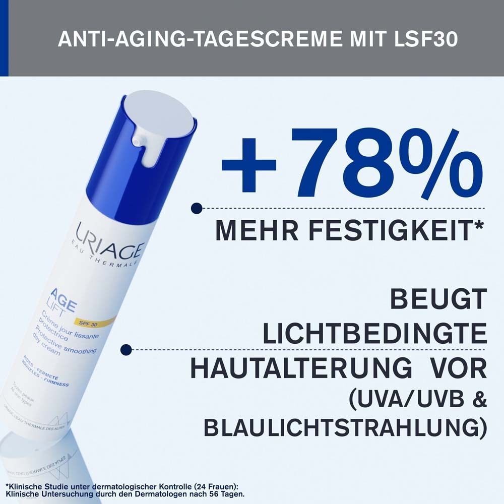Eine Flasche URIAGE Age Lift. Text: Anti-Aging-Tagescreme mit LSF30. +78% mehr Festigkeit. Beugt lichtbedingter Hautalterung vor.