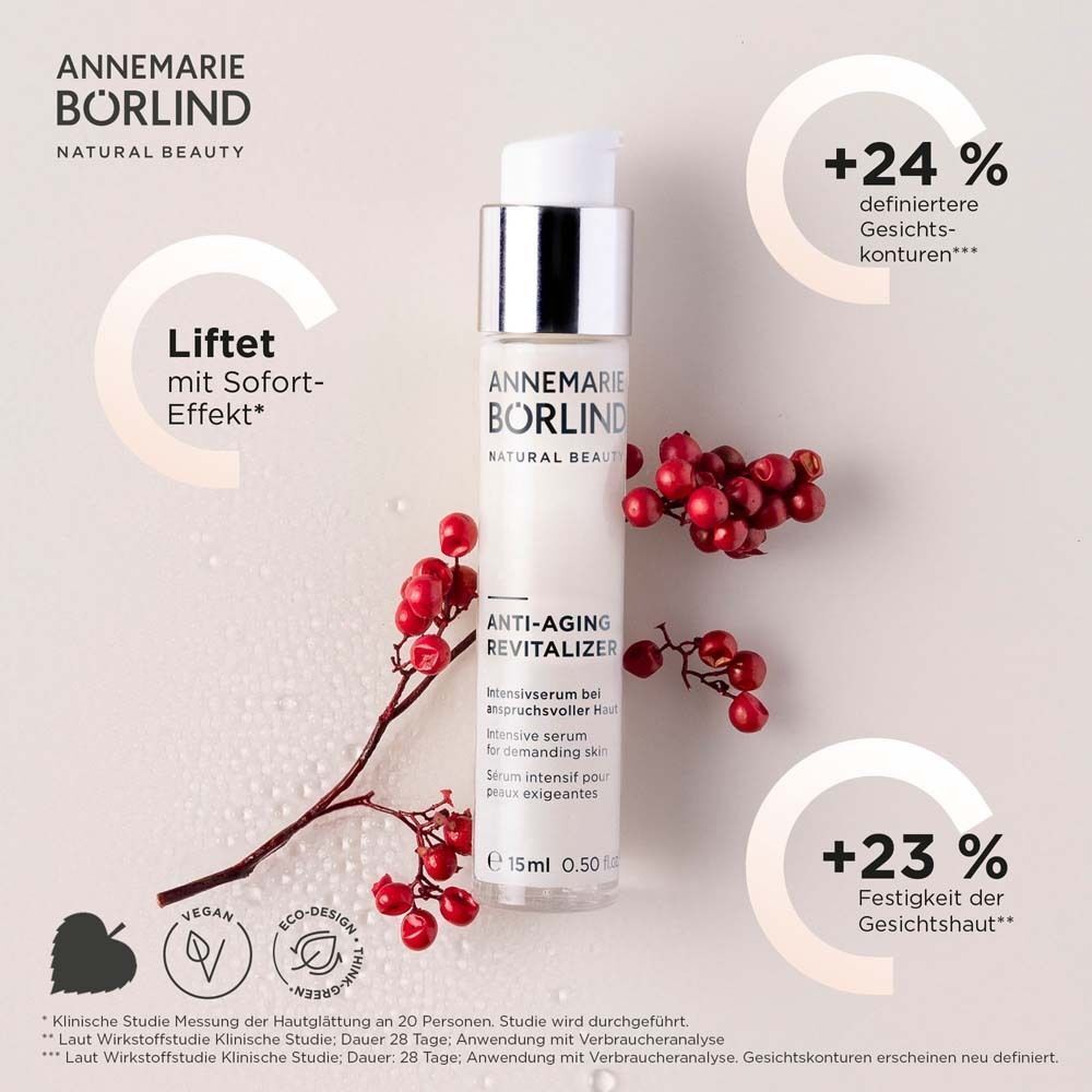 BÖRLIND Anti-Aging Revitalizer Flasche mit Beeren. Text: Anti-Aging Revitalizer, 15ml. Diagramme mit Prozentangaben.